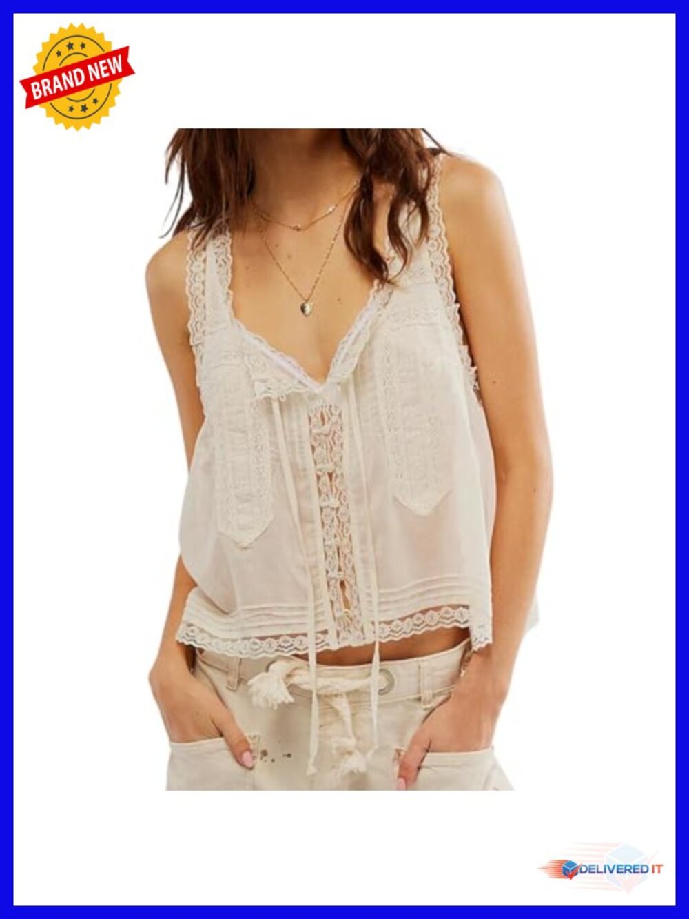 Sleeveless Ruffled Lace Trim Chiffon Crop Top Scoop Neck Flowy Button Down